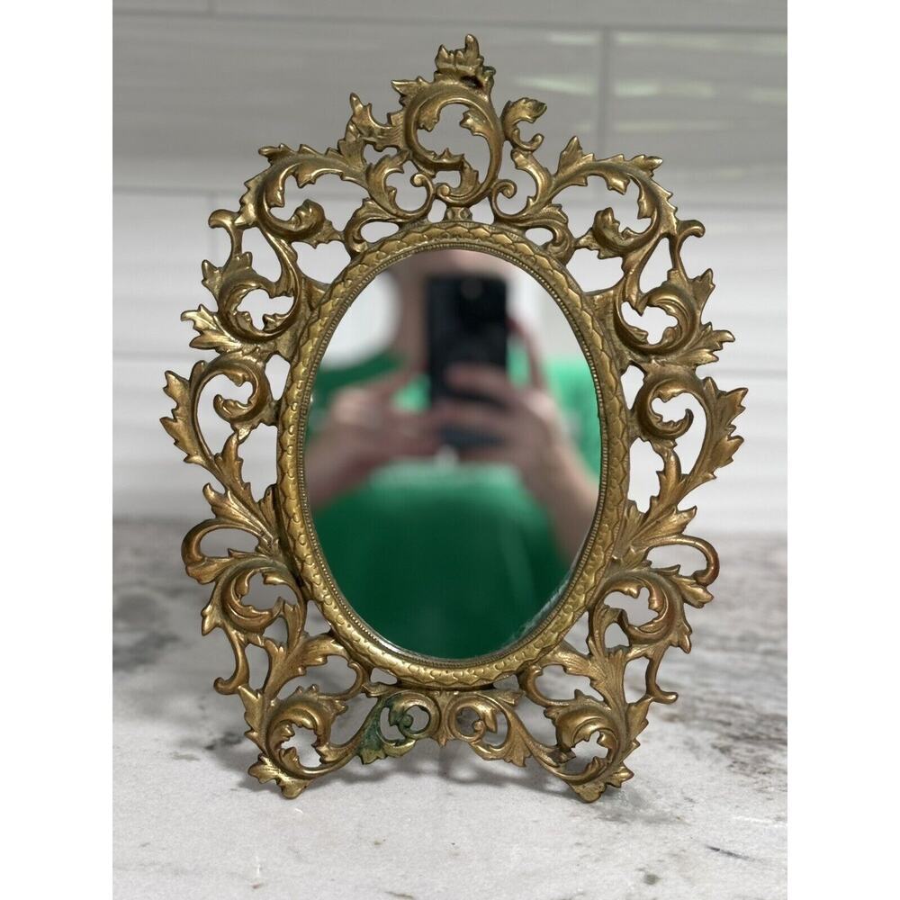 Antique Victorian Heavy Brass Art Nouveau Oval Self Standing Glass Mirror